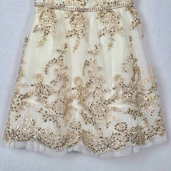 Rare Editions Girls Dress Size 8 Ivory Gold Sequin Lace Tulle Party Dress Rhines - Picture 3 of 12